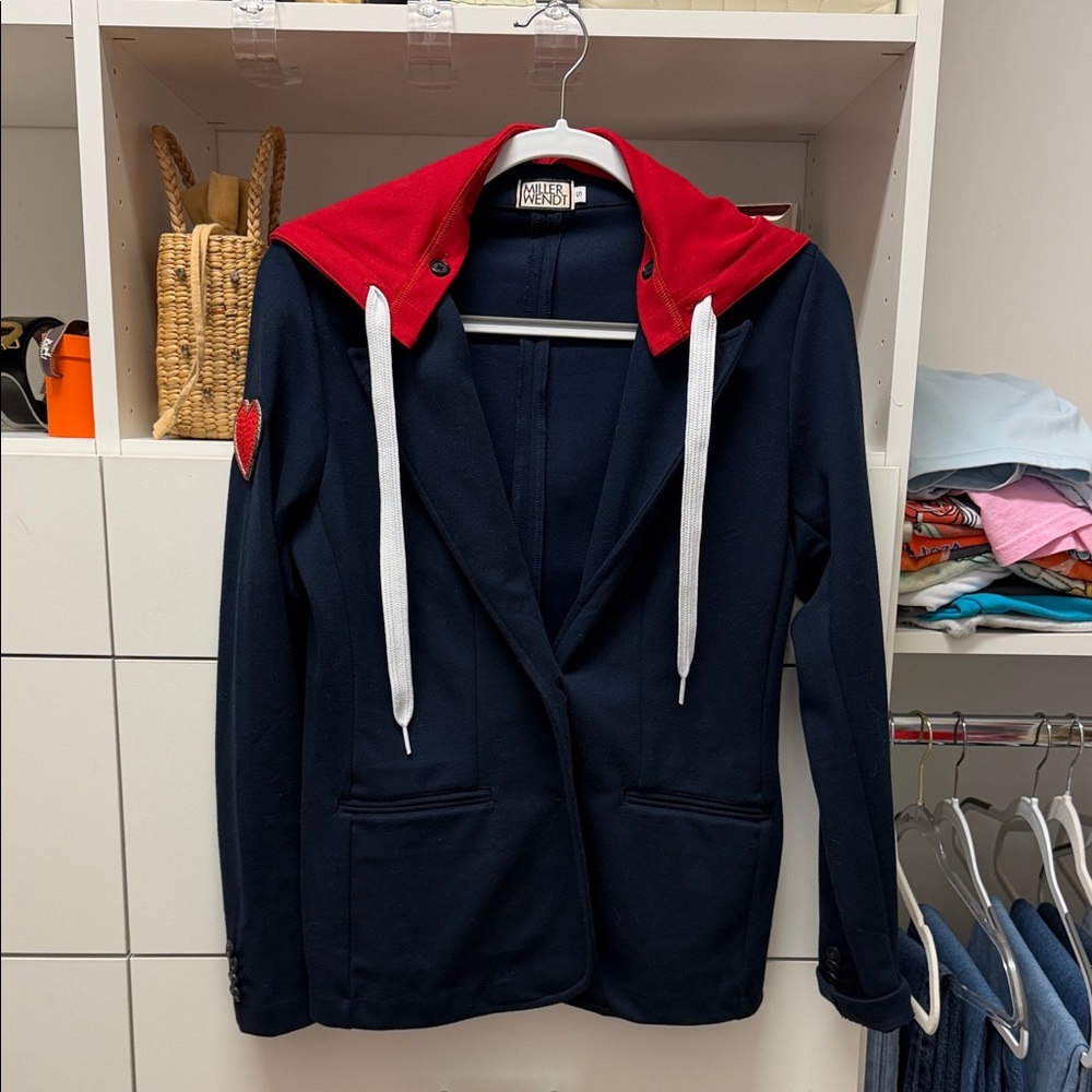 Navy Blazer Jacket with Red Hood